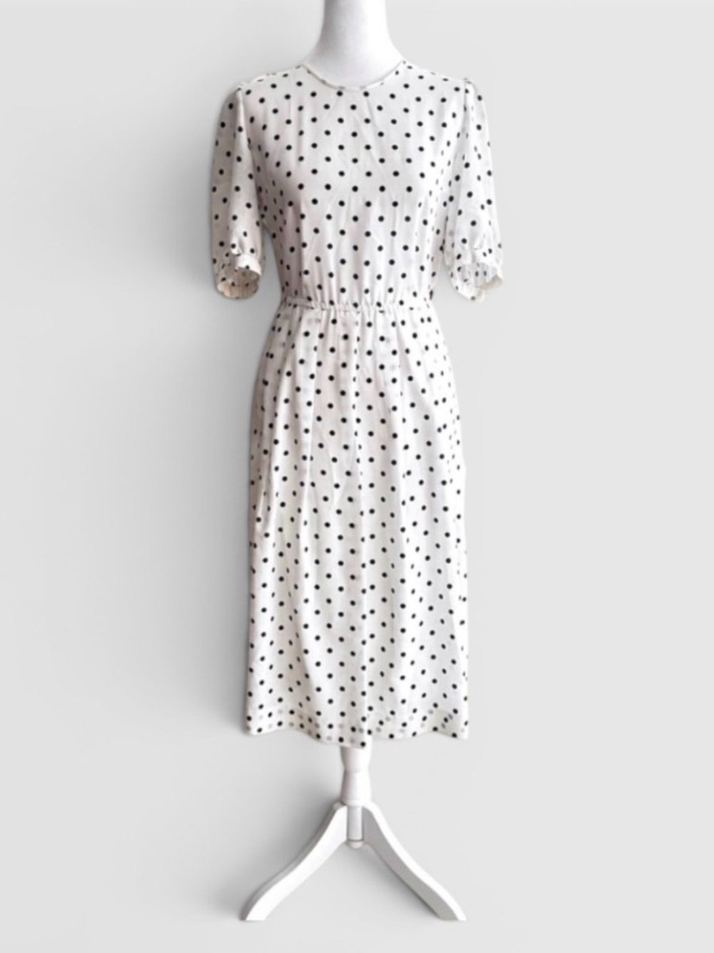 Vintage 1980s White Navy Polka Dot Midi Dress Sheer Puff Sleeve Elastic Waist